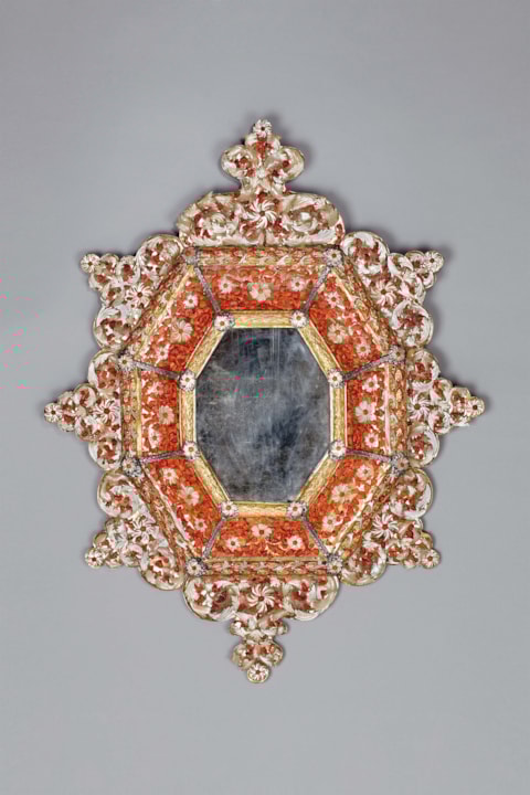 A Sicilian gilt-copper-mounted coral and mother-of-pearl Frame/Mirror