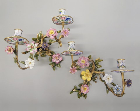 Pair of Viennese ormolu and enamel two-light Wall-lights