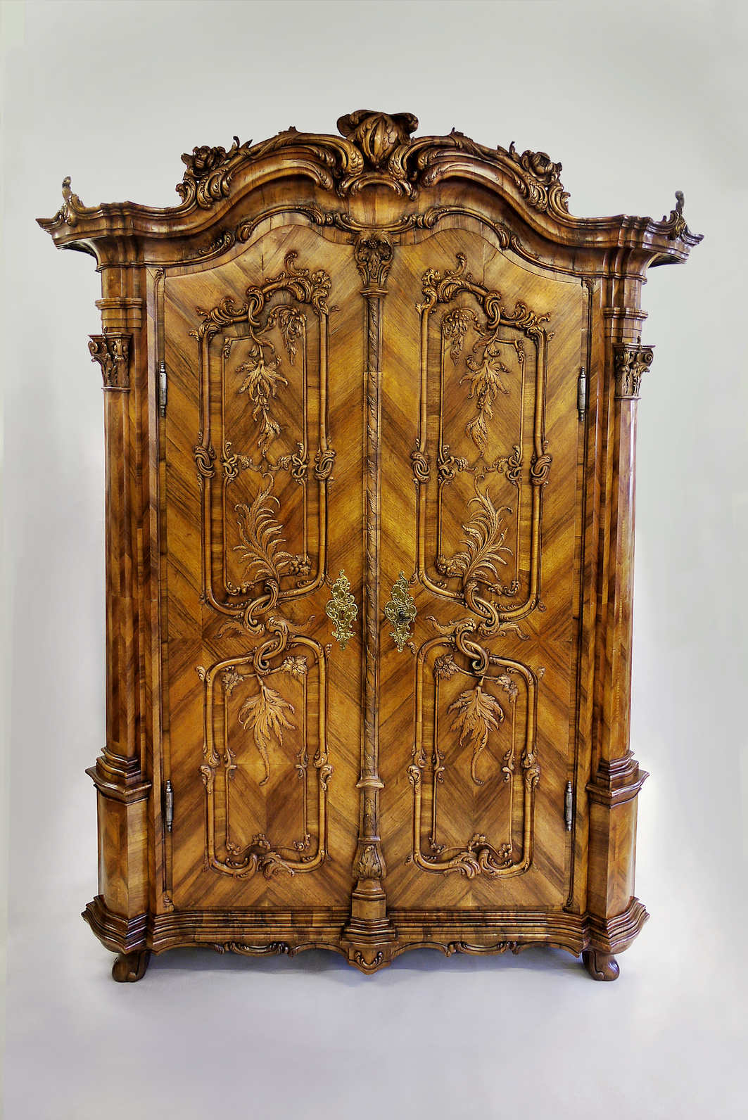 German Rococo Carved Fruitwood and Marquetry Wardrobe