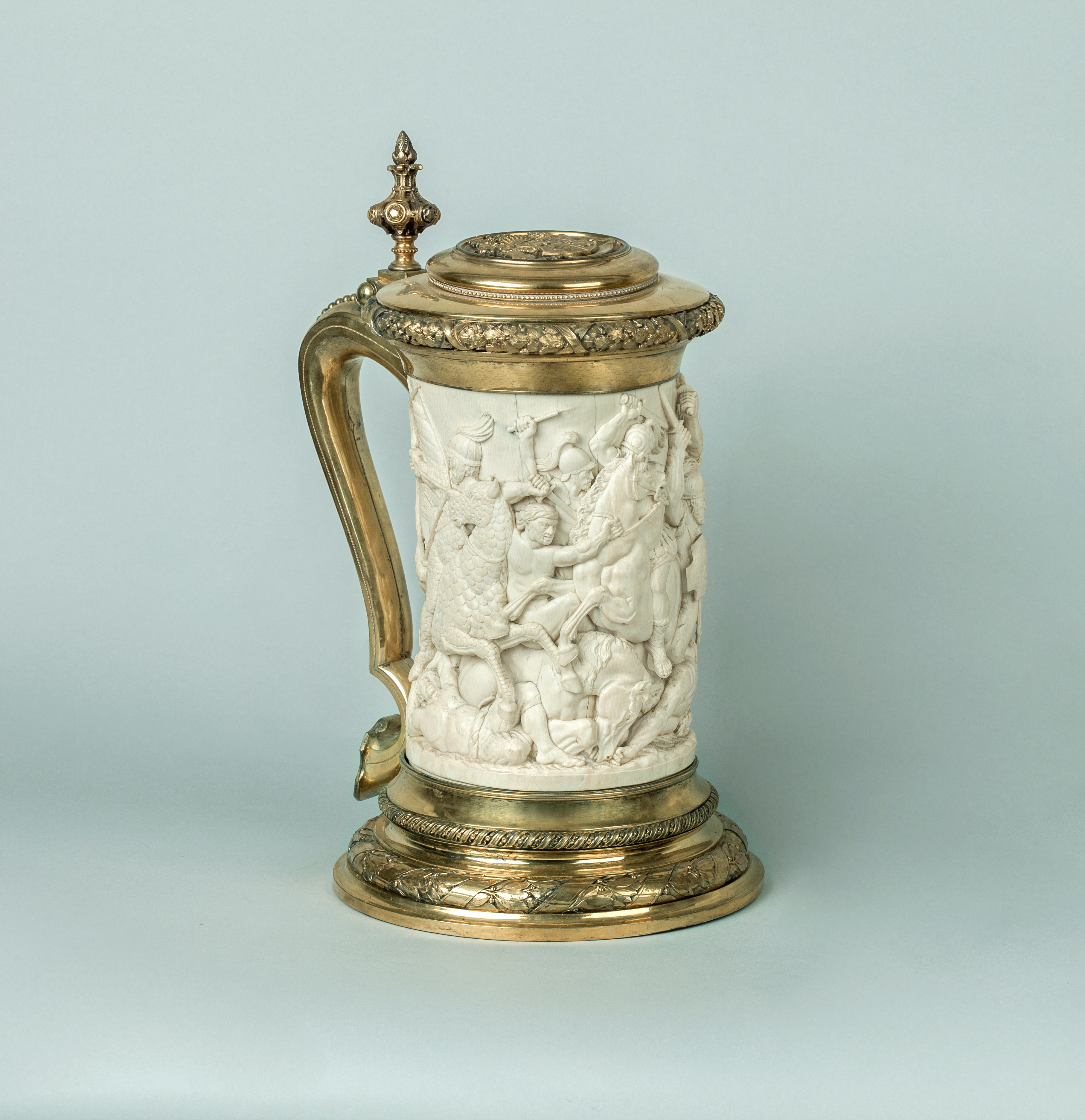 Large German gilt-bronze and Ivory Tankard